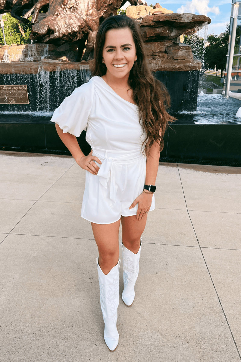Playful Pursuit White Belted Romper