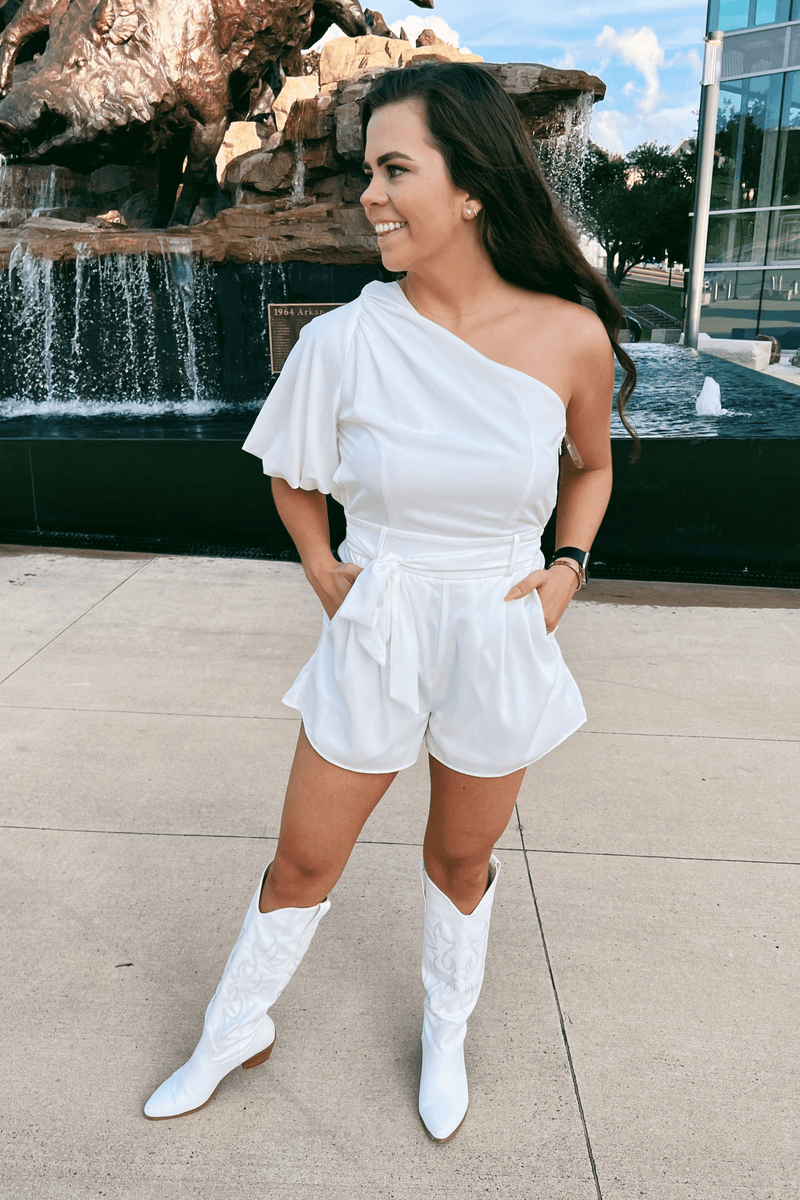 Playful Pursuit White Belted Romper Shop Abide