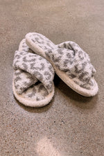 Grey Leopard Criss Cross Fuzzy Slippers